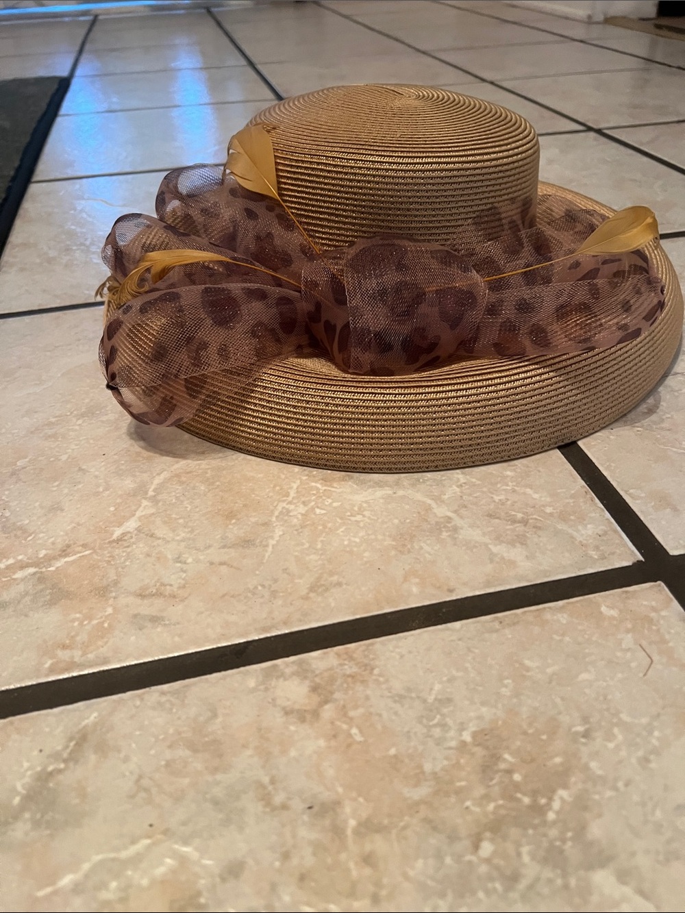 Women's Tan Straw Decorative Hat with Leopard Mesh Bow